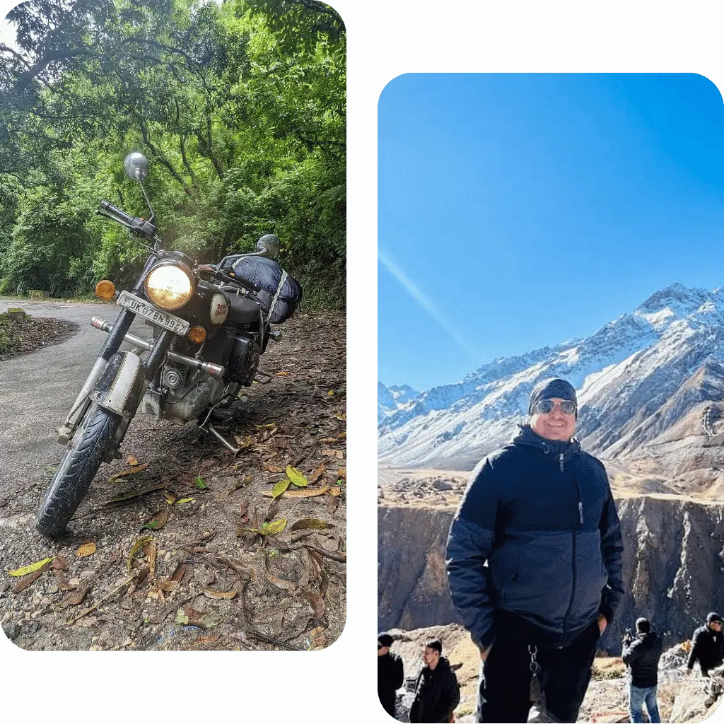 Royal Enfield motorcycle on Rishikesh mountain road and tour guide in Himalayas
